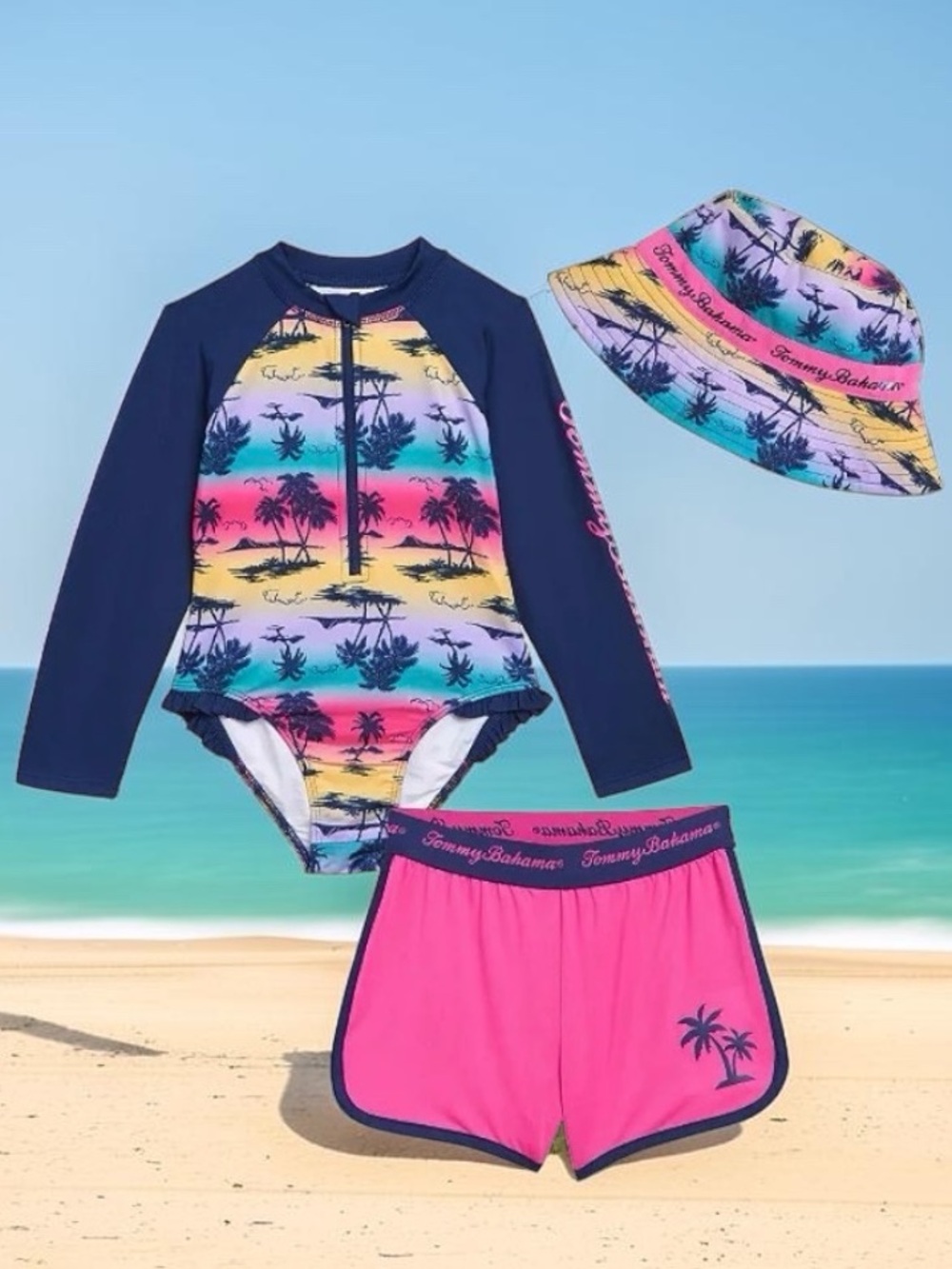 Tommy Bahama Swim Set Girl’s 3 piece Rainbow Palm Trees Size 2T NWT